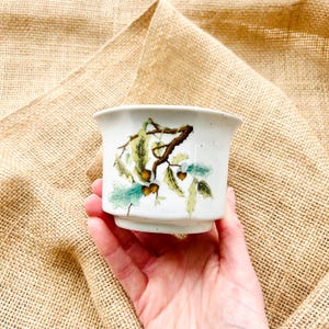 May include: White ceramic planter with a brown, green and white acorn design. The planter is speckled with brown flecks.