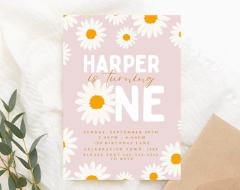 May include: A pink and white birthday invitation with a daisy pattern. The text reads "Harper is turning one".