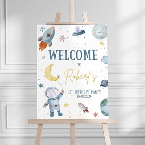 Plantilla de signo de bienvenida del primer cumpleaños editable 1er cumpleaños Cumpleaños espacial Tablero de bienvenida del astronauta Instant Two the Moon Descargar PS67