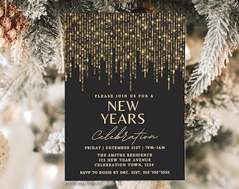 May include: A black and gold New Year's Eve party invitation with a gold glitter background and the text "Please join us for a New Years Celebration". The invitation includes the date, time, location, and RSVP information.