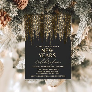 This is an editable new years celebration invitation Canva template. Black background and features gold sparkles. Title reads “please join us for a new years celebration”. Classic new years design that is perfect for new years festivities.