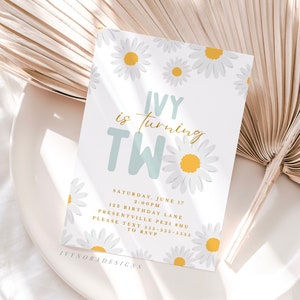 Minimalist Second Birthday Retro Daisy Invitation Download Template Editable Daisy Birthday Flower Invite 2nd Birthday Instant Download