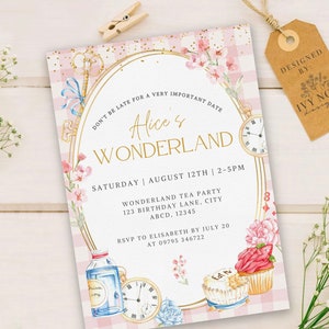 Alice in Wonderland Birthday Invitation Wonderland Tea Party Girls Pink and Gold Invite Template Instant Download