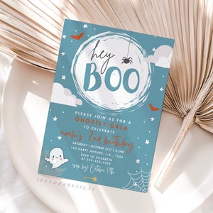 Hey Boo Halloween Birthday Invitation Template Blue Ghost Birthday Invite Spooktacular Halloween Party Invitation Cute Spooky Digital Evite