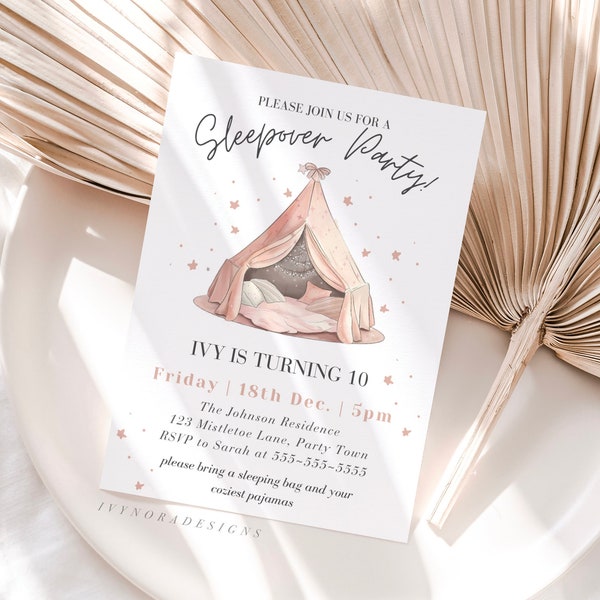 Minimalist Sleepover Birthday Invitation Slumber Party Invite Girl Pajama Party Modern Invitation Glamping Tent Printable Editable Download