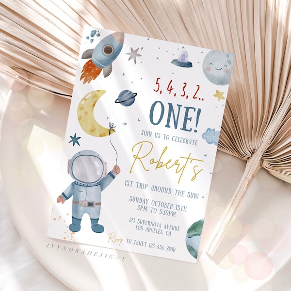 First Trip Around the Sun Birthday Party Invitation Template 1st Birthday Party Invite Space Astronaut Invitation Boy First Birthday PS67