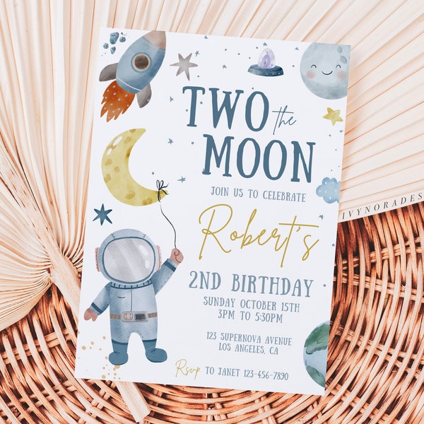 Two The Moon Second Birthday Invitation Template Editable Space Birthday Astronaut Invite 2nd Birthday Party Instant Download PS72