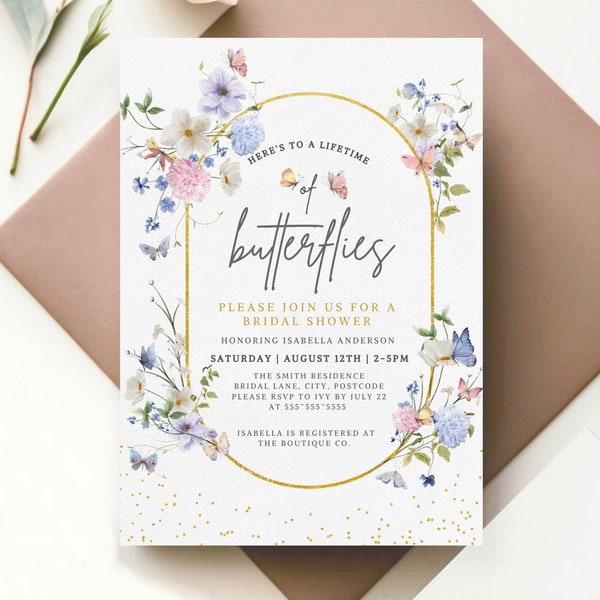 Lifetime of Butterflys Brautpartyeinladung Download Bearbeitbare Wildblumen Schmetterlingsvorlage Blumenparty-Einladung Sofort-Download
