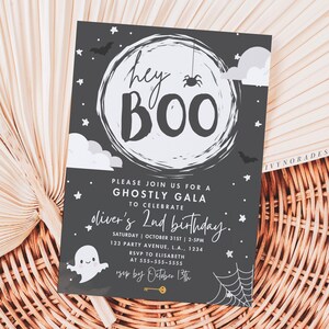 Unisex Hey Boo Halloween Birthday Invitation Template Ghost Pink Birthday Invite Spooktacular Halloween Party Invitation Cute Spooky Digital