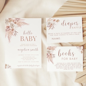 This is an editable Boho Baby Shower Invitation Bundle Canva Template. The bundle contains a  beautiful baby shower invite, diaper raffle, and books for baby template that you can edit and print at home. Boho themed design with pampas grass.
