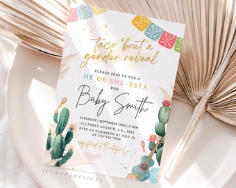 May include: A gender reveal party invitation with a cactus and guitar design. The invitation says "Taco 'bout a gender reveal" and "Please join us for a He or She-Esta for Baby Smith".