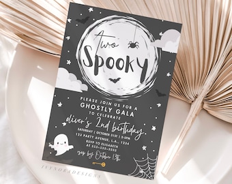 May include: A black and white Halloween party invitation with a spooky moon and the text "Two Spooky" and "Oliver's 2nd Birthday".