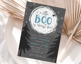 A Little Boo Is Almost Due Halloween Baby Shower Invitation Template Blue Baby Shower Invite Halloween Party Invitation Digital Download