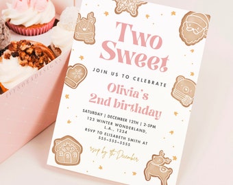Second Birthday Pink Retro Christmas Invitation Template Two Sweet Christmas Birthday Cookies Invite 2nd Birthday Party Gingerbread PS02