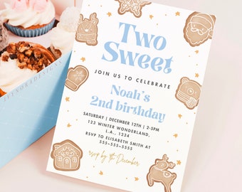 Second Birthday Blue Retro Christmas Invitation Template Christmas Birthday Cookies Invite 2nd Birthday Party Gingerbread Cookies PS01
