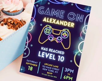 Gamer Birthday Invitation Template Video Game Birthday Neon Glow Birthday Party Boys Game Party Video Game Party Invite Canva Download PS60