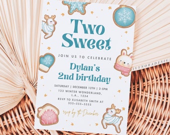 Two Sweet Second Birthday Blue Retro Christmas Invitation Template Gingerbread Two Sweet Christmas Cookies Invite 2nd Birthday Party PS04