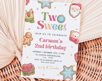 Christmas Cookie Second Birthday Red Green Retro Christmas Invitation Template Gingerbread Invite Two Sweet 2nd Birthday Party PS08