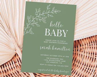 Sage Green Baby Shower Invitation Template Minimalist Hello Baby Baby Shower Invite Sage Green Editable Baby Shower Printable PS97