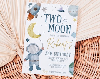 May include: A blue and white invitation card with a cartoon astronaut holding a yellow crescent moon balloon. The card says "Two the Moon" and "Robert's 2nd Birthday".