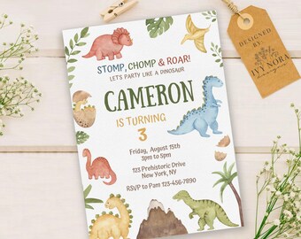 May include: A dinosaur-themed birthday party invitation for Cameron's 3rd birthday. The invitation features a colorful illustration of dinosaurs, a palm tree, and a mountain. The text reads "Stomp, Chomp & Roar! Let's party like a dinosaur. Cameron is turning 3. Friday, August 15th, 3pm to 5pm, 123 Prehistoric Drive, New York, NY. RSVP to Pam 123-456-7890."