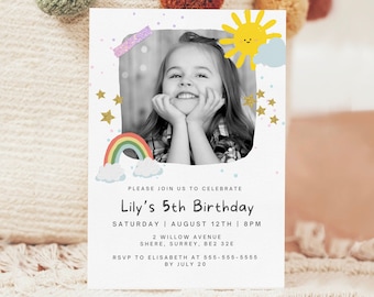 May include: A birthday invitation featuring a photo of a girl smiling. The invitation has a rainbow, clouds, stars, and a sun with a happy face. The text on the invitation reads "Please join us to celebrate Lily's 5th Birthday, Saturday August 12th | 8PM, 2 Willow Avenue, Shere, Surrey, BE2 32E, RSVP to Elisabeth at 555-555-5555 by July 20."