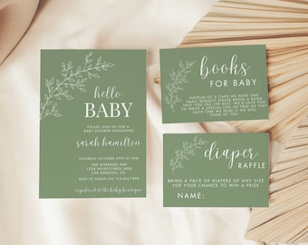 Editable Sage Baby Shower Invitation Template Set Minimalist Baby Shower Bundle Sage Green Editable Baby Shower Diaper Raffle Printable PS95