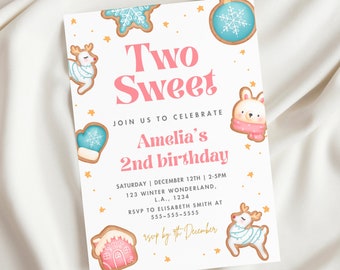Festive Second Birthday Pink Retro Christmas Invitation Template Gingerbread Two Sweet Christmas Cookies Invite 2nd Birthday Party PS03
