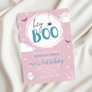 Hey Boo Halloween Birthday Invitation Template Ghost Pink Birthday Invite Spooktacular Halloween Party Invitation Cute Spooky Digital
