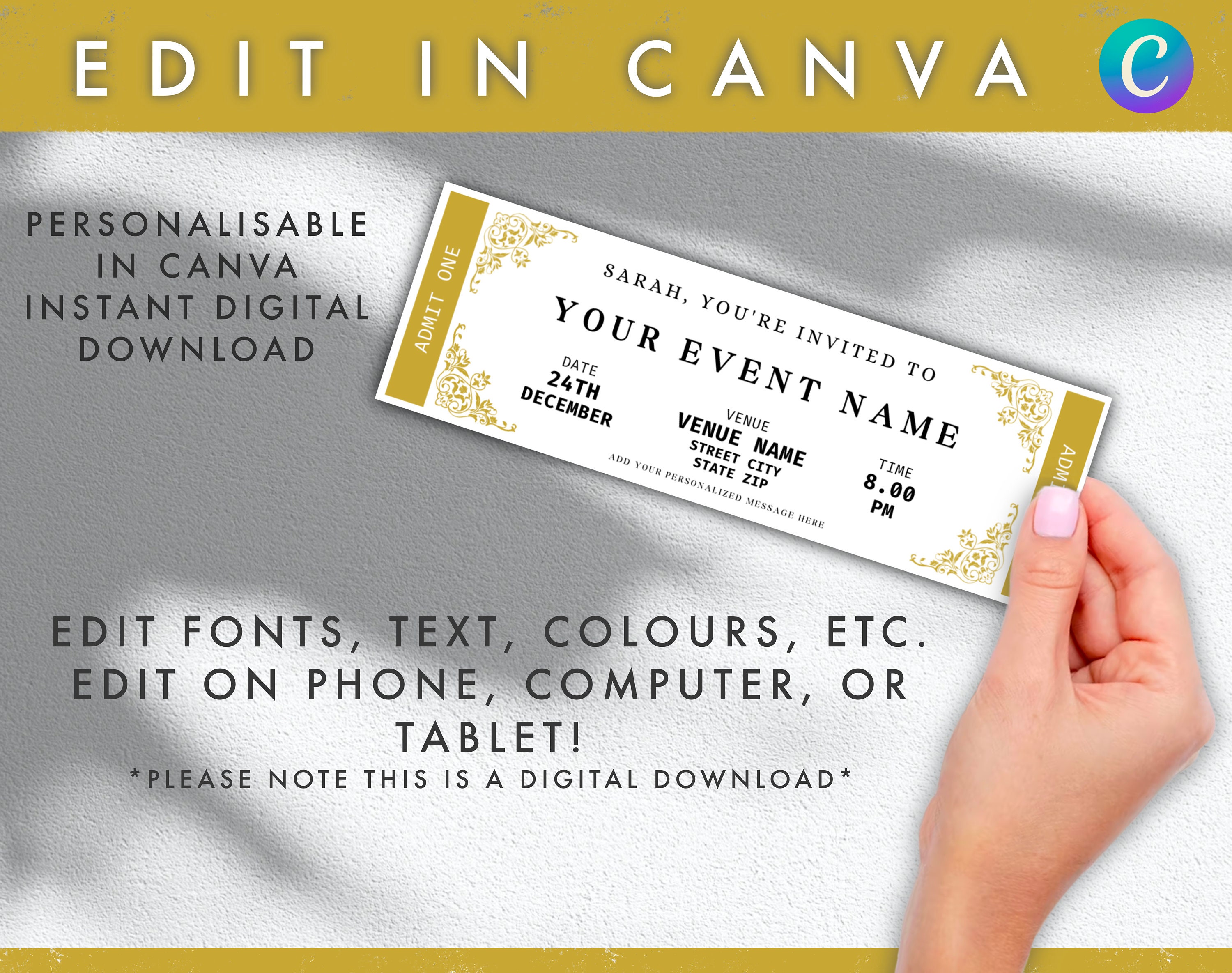 EDITABLE Event Ticket Template, Gift for Her, DIY Event Printable ...