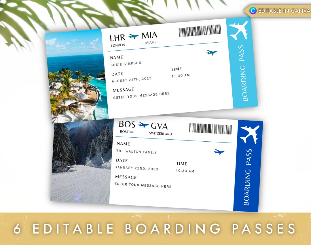 EDITABLE Boarding Pass Canva Template, Airline Ticket Printable, Custom