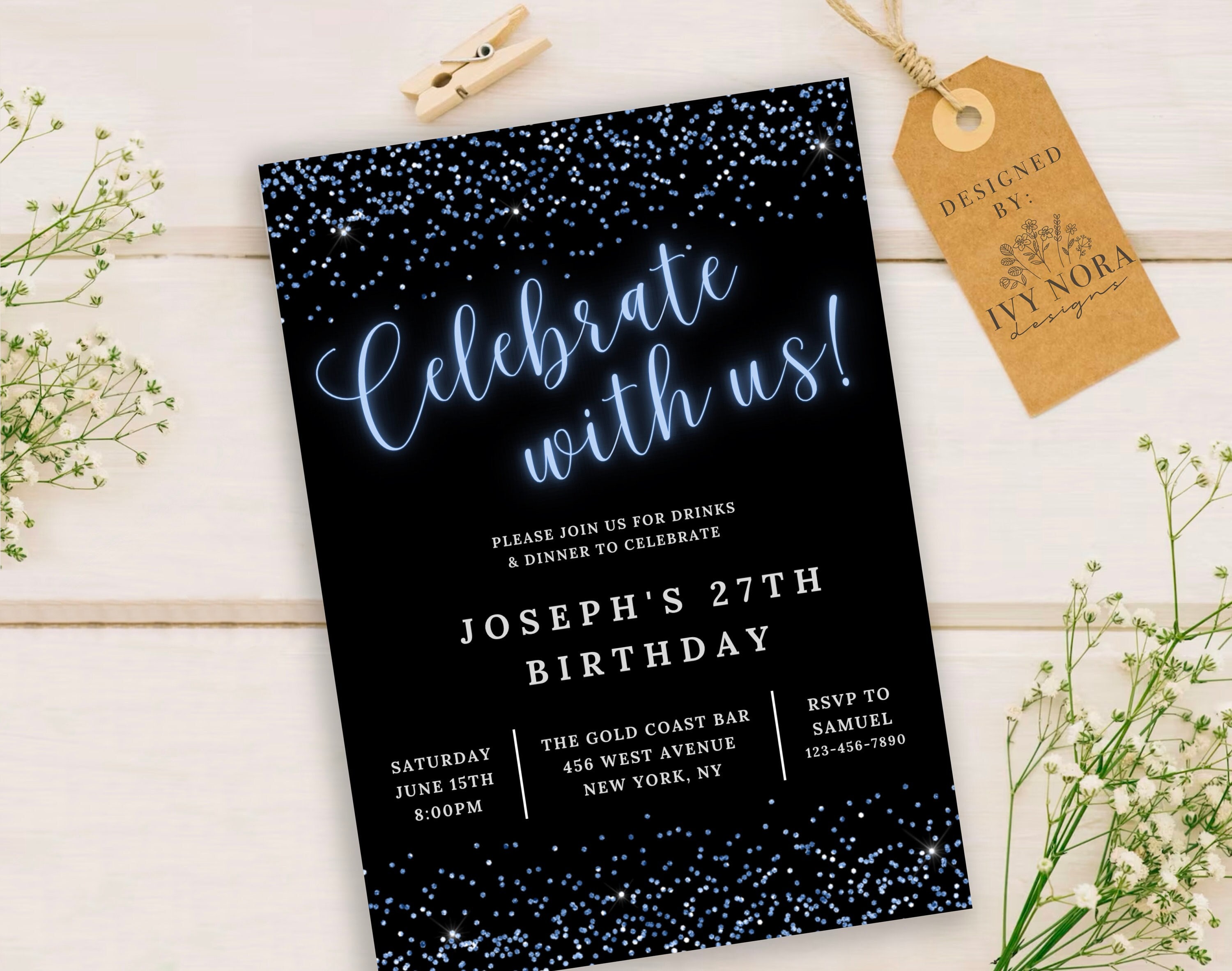 Blue Celebrate With Us Birthday Party Editable Invitation Neon Blue Men's Birthday  Invite 40th 50th 60th Birthday Glitter Instant Download - Etsy, image size:3000x2364