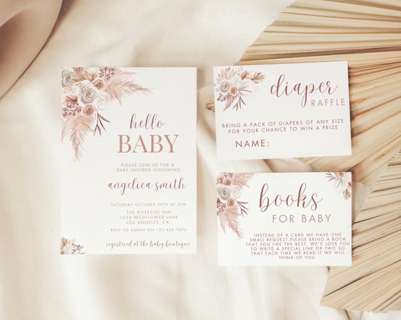 Editable Boho Baby Shower Invitation Template Set Pink Pampas Grass Girl Baby Shower Bundle Baby Shower Invite Beige Boho Shower PS90