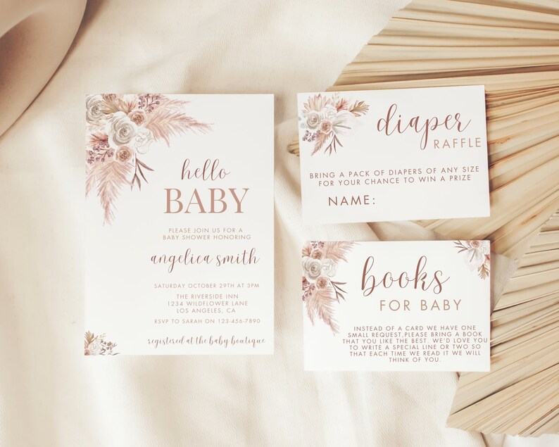 This is an editable Boho Baby Shower Invitation Bundle Canva Template. The bundle contains a  beautiful baby shower invite, diaper raffle, and books for baby template that you can edit and print at home. Boho themed design with pampas grass.