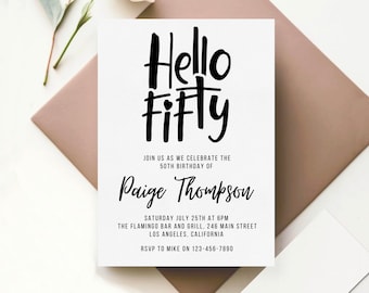 Hello Fifty Minimalist Birthday Party Editable Invitation Invite For Women 50th Birthday Card Fiftieth Birthday Template Instant Download