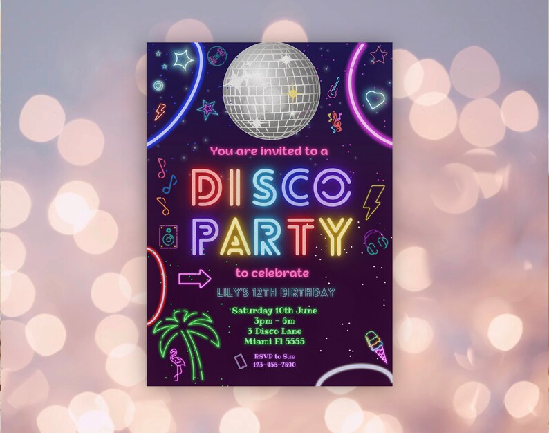 Disco Party Invitation Editable Disco Party Invitation Neon Glow Disco ...