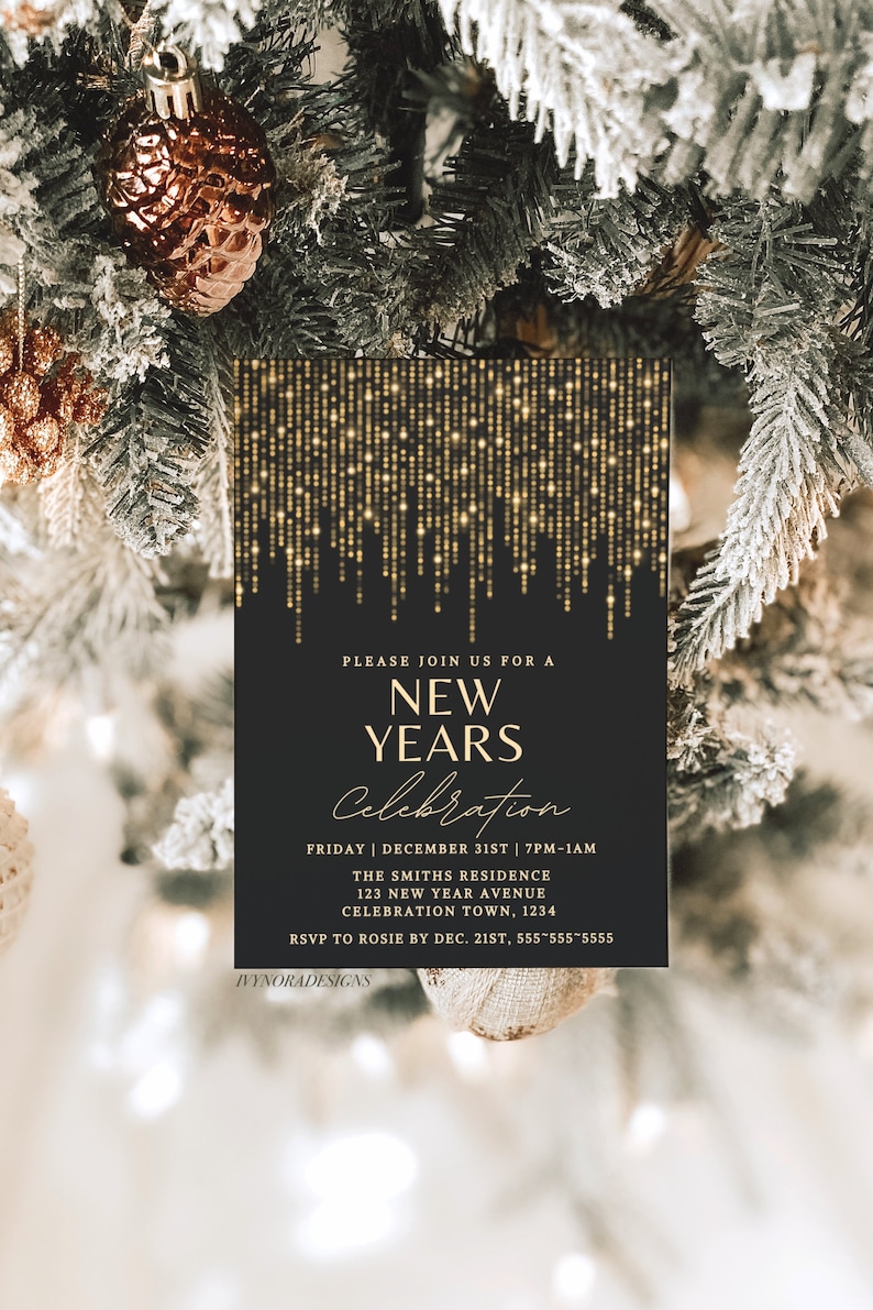 This is an editable new years celebration invitation Canva template. Black background and features gold sparkles. Title reads “please join us for a new years celebration”. Classic new years design that is perfect for new years festivities.