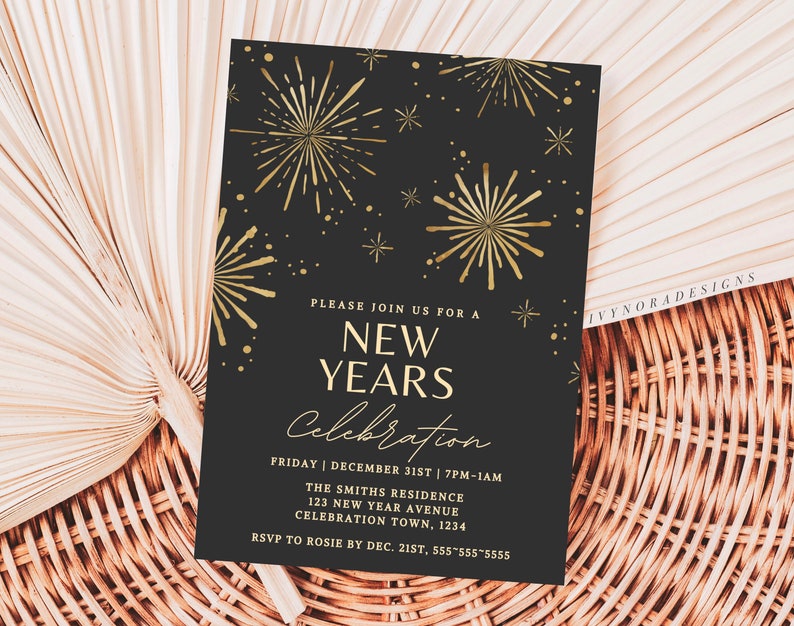 This is an editable new years celebration invitation Canva template. Black background and features gold fireworks. Title reads “please join us for a new years celebration”. Classic new years design that is perfect for new years festivities.