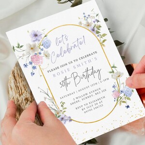 Floral Birthday Party Invitation Editable Gold Template For Women 20th 30th 40th 50th 60th Birthday Flowers Invitation Instant Download