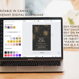May include: Editable New Year's Eve party invitation template in Canva. The invitation features a black background with gold fireworks and the text "Please join us for a New Years Celebration".
