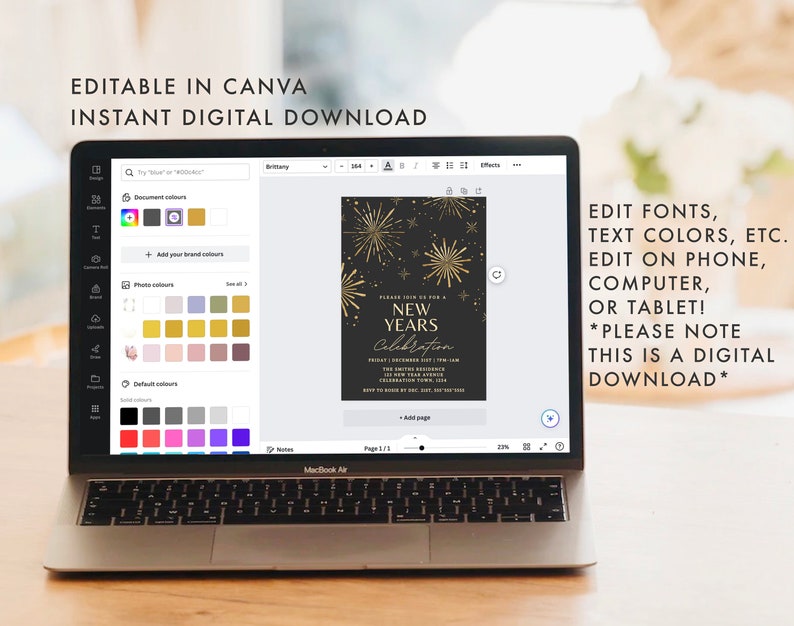 May include: Editable New Year's Eve party invitation template in Canva. The invitation features a black background with gold fireworks and the text "Please join us for a New Years Celebration".