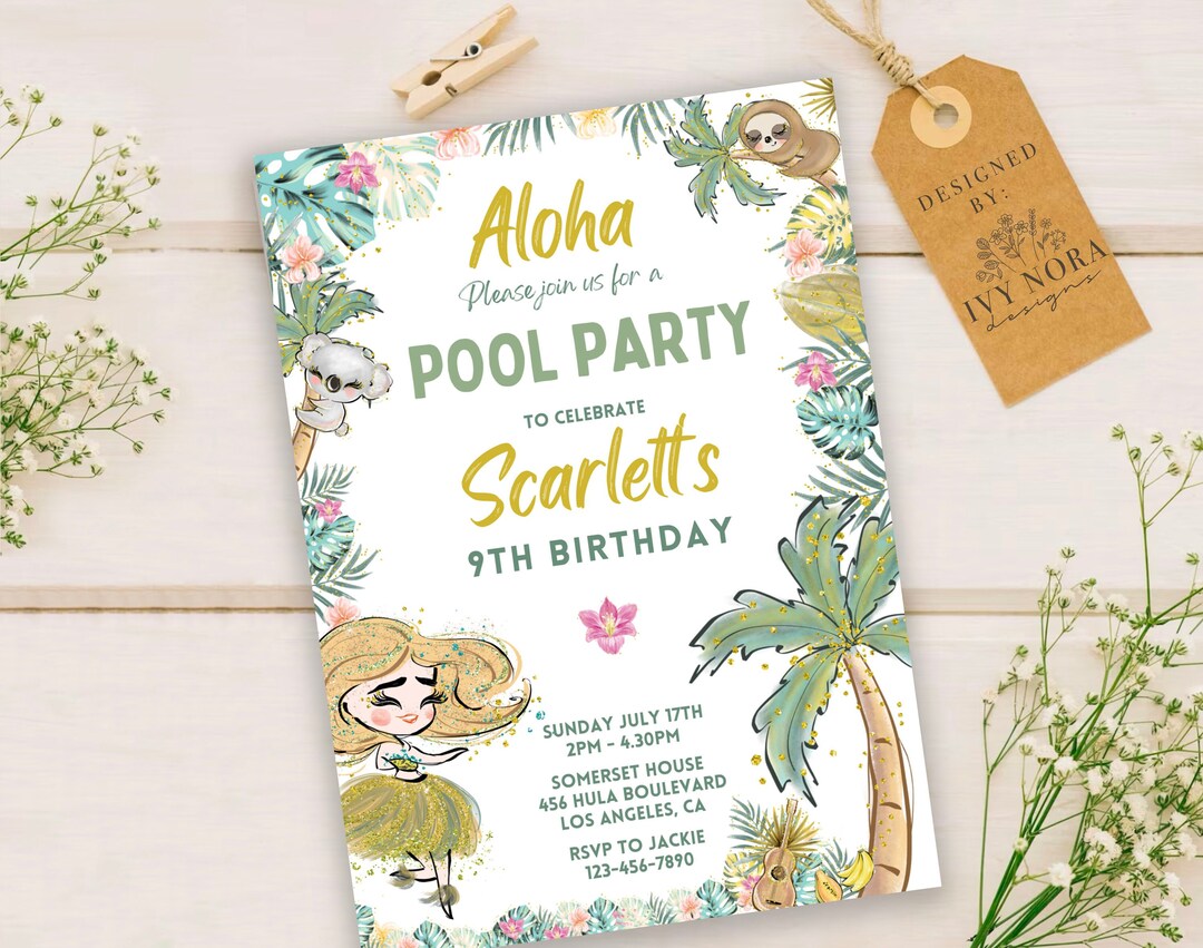 Aloha Pool Party Birthday Party Invitation EDITABLE Hawaiian Tropical ...