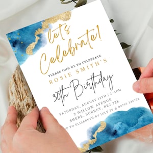 Let’s Celebrate Birthday Party Editable Invitation Blue and Gold For Men For Ladies 30th 40th 50th 60th Birthday Template Instant Download