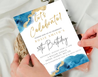 Célébrons l'invitation modifiable de fête d'anniversaire bleu et or pour les hommes pour les dames 30e 40e 50e 60e modèle d'anniversaire Téléchargement immédiat