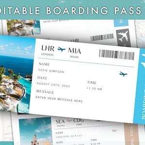 Print-at-home 6 benutzerdefinierte Bordkarten, Flugticket zum Ausdrucken, Flug Geschenkgutschein, gefälschtes Ticket, Geschenk für sie, Canva Template, Surprise