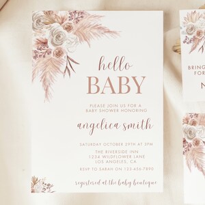 Editable Boho Baby Shower Invitation Template Set Pink Pampas Grass Girl Baby Shower Bundle Baby Shower Invite Beige Boho Shower PS90 image 2