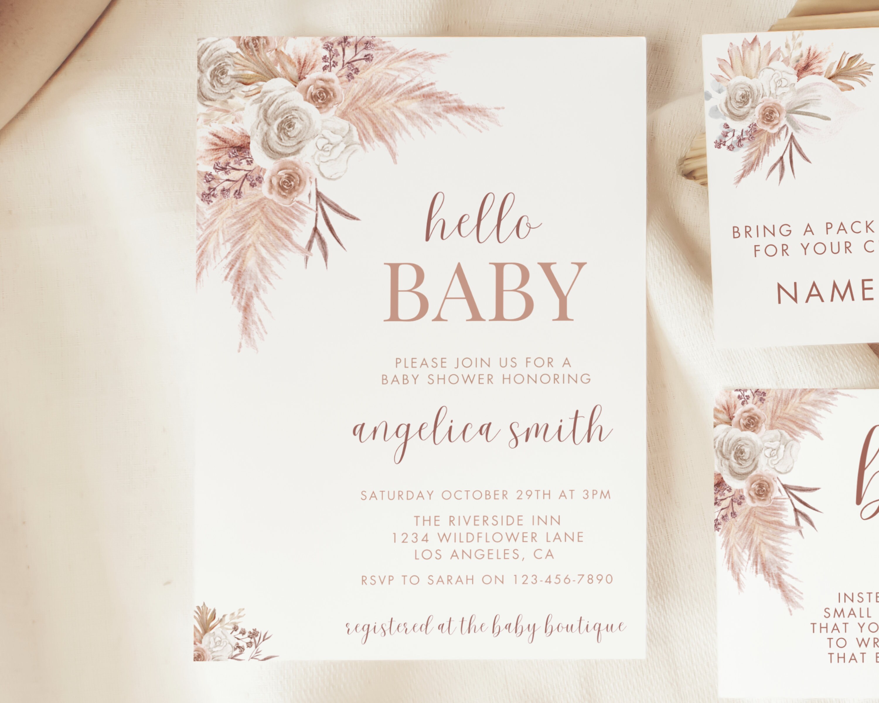 Editable Boho Baby Shower Invitation Template Set Pink Pampas Grass ...