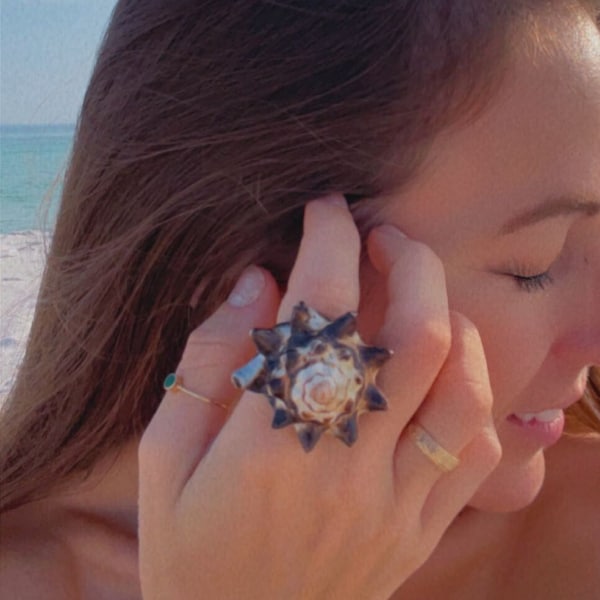 Spiky Seashell Ring, Chunky Carved Shell Ring, Mermaid Jewelry Coastal Beach Ocean Tropical