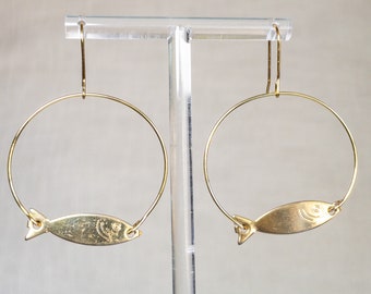 Vintage fish hoop earrings 18k gold plated recycled jewelry beach mermaid gift