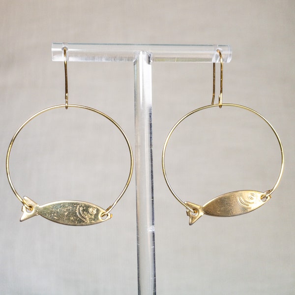 Vintage fish hoop earrings 18k gold plated recycled jewelry beach mermaid gift